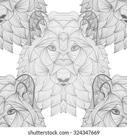 Elegant seamless pattern with hand drawn decorative wolves, design elements. Can be used for invitations, greeting cards, scrapbooking, print, gift wrap, manufacturing. Animal theme