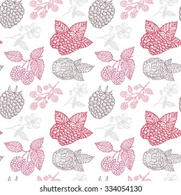 Elegant seamless pattern with hand drawn decorative raspberry fruits, design elements. Can be used for invitations, greeting cards, scrapbooking, print, gift wrap, manufacturing. Food background