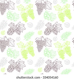 Elegant seamless pattern with hand drawn decorative grapes, design elements. Can be used for invitations, greeting cards, scrapbooking, print, gift wrap, manufacturing. Food background