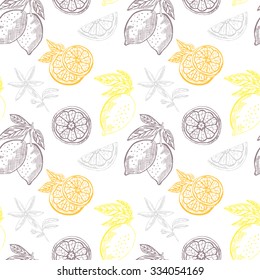 Elegant seamless pattern with hand drawn decorative lemon fruits, design elements. Can be used for invitations, greeting cards, scrapbooking, print, gift wrap, manufacturing. Food background