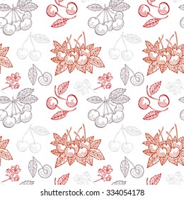 Elegant seamless pattern with hand drawn decorative cherry fruits, design elements. Can be used for invitations, greeting cards, scrapbooking, print, gift wrap, manufacturing. Food background