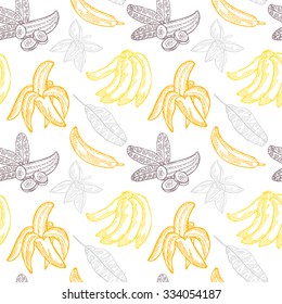 Elegant seamless pattern with hand drawn decorative banana fruits, design elements. Can be used for invitations, greeting cards, scrapbooking, print, gift wrap, manufacturing. Food background