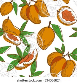 Elegant seamless pattern with hand drawn decorative mango fruits, design elements. Can be used for invitations, greeting cards, scrapbooking, print, gift wrap, manufacturing. Food background