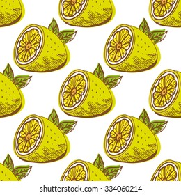 Elegant seamless pattern with hand drawn decorative lemon fruits, design elements. Can be used for invitations, greeting cards, scrapbooking, print, gift wrap, manufacturing. Food background