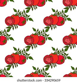 Elegant seamless pattern with hand drawn tomatoes, design elements. Can be used for invitations, greeting cards, scrapbooking, print, gift wrap, manufacturing. Food background