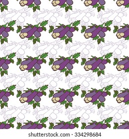 Elegant seamless pattern with hand drawn eggplants, design elements. Can be used for invitations, greeting cards, scrapbooking, print, gift wrap, manufacturing. Food background