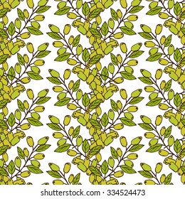 Elegant seamless pattern with hand drawn decorative jojoba fruits, design elements. Can be used for invitations, greeting cards, scrapbooking, print, gift wrap, manufacturing. Food background