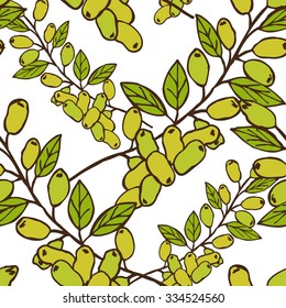 Elegant seamless pattern with hand drawn decorative jojoba fruits, design elements. Can be used for invitations, greeting cards, scrapbooking, print, gift wrap, manufacturing. Food background