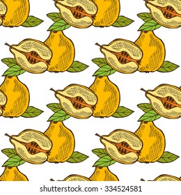 Elegant seamless pattern with hand drawn decorative quince fruits, design elements. Can be used for invitations, greeting cards, scrapbooking, print, gift wrap, manufacturing. Food background