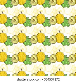 Elegant seamless pattern with hand drawn decorative honeydew fruits, design elements. Can be used for invitations, greeting cards, scrapbooking, print, gift wrap, manufacturing. Food background
