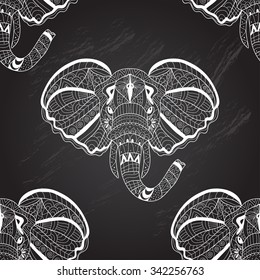 Elegant seamless pattern with hand drawn decorative elephants, design elements. Can be used for invitations, greeting cards, scrapbooking, print, gift wrap, manufacturing. Animal theme