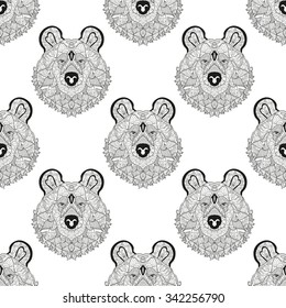 Elegant seamless pattern with hand drawn decorative bears, design elements. Can be used for invitations, greeting cards, scrapbooking, print, gift wrap, manufacturing. Animal theme