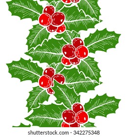 Elegant seamless pattern with hand drawn decorative holly berries, design elements. Can be used for winter holiday invitations, greeting cards, scrapbooking, print, gift wrap, manufacturing