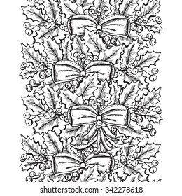Elegant seamless pattern with hand drawn decorative holly berries and bows, design elements. Can be used for winter holiday invitations, greeting cards, scrapbooking, print, gift wrap, manufacturing