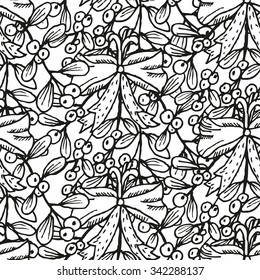 Elegant seamless pattern with hand drawn decorative mistletoes, design elements. Can be used for winter holiday invitations, greeting cards, scrapbooking, print, gift wrap, manufacturing