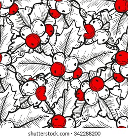 Elegant seamless pattern with hand drawn decorative holly berries, design elements. Can be used for winter holiday invitations, greeting cards, scrapbooking, print, gift wrap, manufacturing