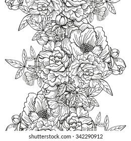 Elegant seamless pattern with hand drawn decorative peony bouquets, design elements. Floral pattern for wedding invitations, greeting cards, scrapbooking, print, gift wrap, manufacturing.