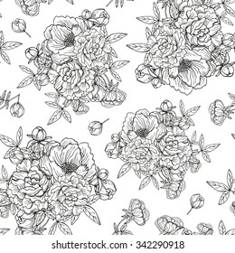 Elegant seamless pattern with hand drawn decorative peony bouquets, design elements. Floral pattern for wedding invitations, greeting cards, scrapbooking, print, gift wrap, manufacturing.