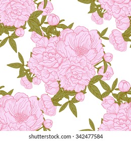 Elegant seamless pattern with hand drawn decorative peony bouquets, design elements. Floral pattern for wedding invitations, greeting cards, scrapbooking, print, gift wrap, manufacturing.