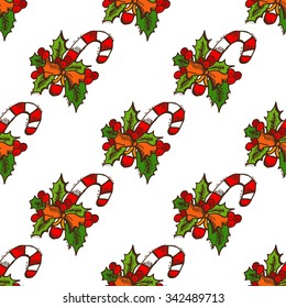 Elegant seamless pattern with hand drawn christmas candies and holly berries, design elements. Can be used for winter holiday invitations, greeting cards, scrapbooking, print, gift wrap, manufacturing