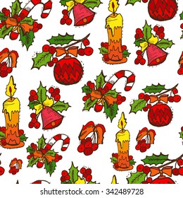 Elegant seamless pattern with hand drawn christmas decorations, design elements. Can be used for winter holiday invitations, greeting cards, scrapbooking, print, gift wrap, manufacturing