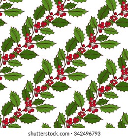 Elegant seamless pattern with hand drawn decorative holly berries, design elements. Can be used for winter holiday invitations, greeting cards, scrapbooking, print, gift wrap, manufacturing