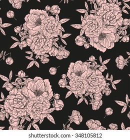 Elegant seamless pattern with hand drawn decorative peony flowers, design elements. Floral pattern for wedding invitations, greeting cards, scrapbooking, print, gift wrap, manufacturing.