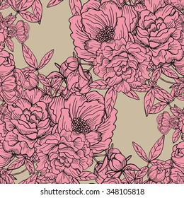 Elegant seamless pattern with hand drawn decorative peony flowers, design elements. Floral pattern for wedding invitations, greeting cards, scrapbooking, print, gift wrap, manufacturing.