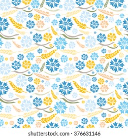 Elegant seamless pattern with hand drawn decorative cornflowers and wheat, design elements. Floral pattern for wedding invitations, greeting cards, scrapbooking, print, gift wrap, manufacturing.