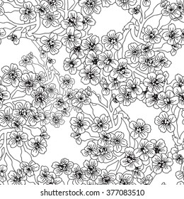 Elegant seamless pattern with hand drawn decorative cherry blossom flowers, design elements. Floral pattern for wedding invitations, greeting cards, scrapbooking, print, gift wrap, manufacturing.