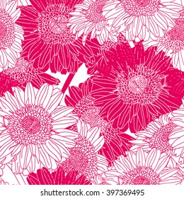 Elegant seamless pattern with hand drawn decorative gerbera flowers, design elements. Floral pattern for wedding invitations, greeting cards, scrapbooking, print, gift wrap, manufacturing.