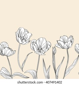 Elegant seamless pattern with hand drawn decorative tulip flowers, design elements. Floral pattern for invitations, cards, scrapbooking, print, gift wrap, fabric