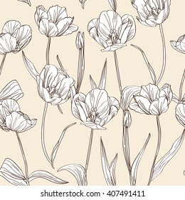 Elegant seamless pattern with hand drawn decorative tulip flowers, design elements. Floral pattern for invitations, cards, scrapbooking, print, gift wrap, fabric