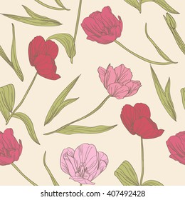 Elegant seamless pattern with hand drawn decorative tulip flowers, design elements. Floral pattern for invitations, cards, scrapbooking, print, gift wrap, fabric