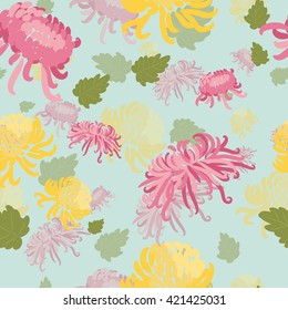 Elegant seamless pattern with hand drawn decorative flowers in pink and yellow chrysanthemums. Flower  for wedding invitations, greeting cards, scrapbooking, stamp, gift packaging, manufacturing.