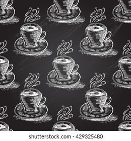 Elegant seamless pattern with hand drawn cappuccino cups, design element. Can be used for food invitations, cards, scrapbooking, print, gift wrap, manufacturing, cafe, bakery, restaurant menu.