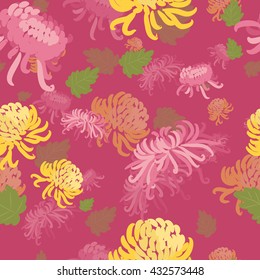 Elegant seamless pattern with hand drawn decorative flowers in pink and yellow chrysanthemums. Flower  for wedding invitations, greeting cards, scrapbooking, stamp, gift packaging, manufacturing.