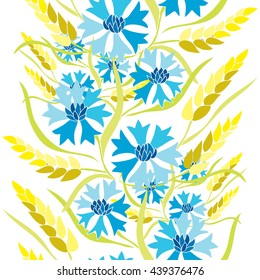 Elegant seamless pattern with hand drawn decorative cornflowers and wheat, design elements. Floral pattern for wedding invitations, greeting cards, scrapbooking, print, gift wrap, manufacturing.