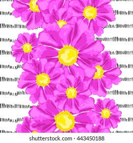 Elegant seamless pattern with hand drawn decorative pink zinnia flowers, design elements. Floral pattern for wedding invitations, greeting cards, scrapbooking, print, gift wrap, manufacturing.