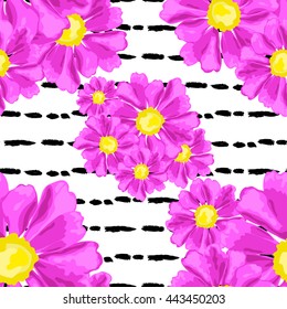 Elegant seamless pattern with hand drawn decorative pink zinnia flowers, design elements. Floral pattern for wedding invitations, greeting cards, scrapbooking, print, gift wrap, manufacturing.