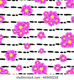 Elegant seamless pattern with hand drawn decorative pink zinnia flowers, design elements. Floral pattern for wedding invitations, greeting cards, scrapbooking, print, gift wrap, manufacturing.