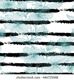 Elegant seamless pattern with hand drawn decorative blue flowers, design elements. Can be used for invitations, greeting cards, scrapbooking, print, gift wrap, manufacturing. Stripe background