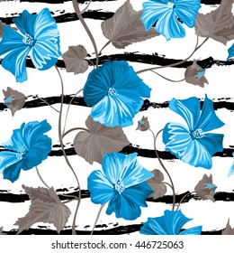 Elegant seamless pattern with hand drawn decorative hibiscus flowers, design elements. Can be used for invitations, greeting cards, scrapbooking, print, gift wrap, manufacturing. Stripe background