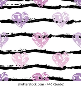 Elegant seamless pattern with hand drawn decorative hearts, design elements. Can be used for invitations, greeting cards, scrapbooking, print, gift wrap, manufacturing. Stripe background