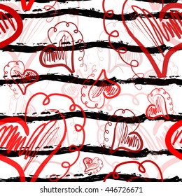 Elegant seamless pattern with hand drawn decorative red hearts, design elements. Can be used for invitations, greeting cards, scrapbooking, print, gift wrap, manufacturing. Stripe background