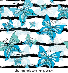 Elegant seamless pattern with hand drawn decorative butterflies, design elements. Can be used for invitations, greeting cards, scrapbooking, print, gift wrap, manufacturing. Stripe background