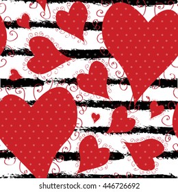 Elegant seamless pattern with hand drawn decorative red hearts, design elements. Can be used for invitations, greeting cards, scrapbooking, print, gift wrap, manufacturing. Stripe background