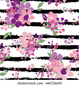 Elegant seamless pattern with hand drawn decorative flowers, design elements. Can be used for invitations, greeting cards, scrapbooking, print, gift wrap, manufacturing. Stripe background