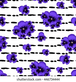 Elegant seamless pattern with hand drawn decorative pansy flowers, design elements. Can be used for invitations, greeting cards, scrapbooking, print, gift wrap, manufacturing. Stripe background
