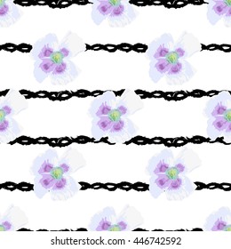 Elegant seamless pattern with hand drawn decorative poppy flowers, design elements. Can be used for invitations, greeting cards, scrapbooking, print, gift wrap, manufacturing. Stripe background